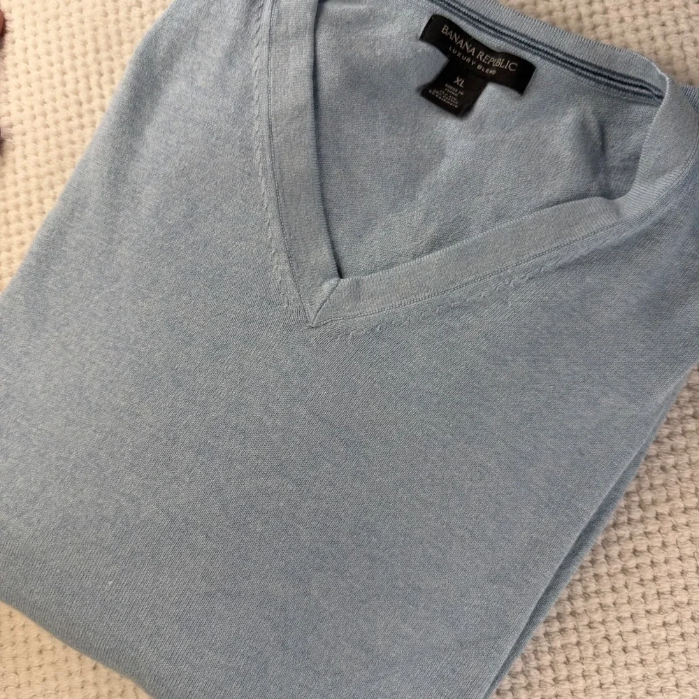 Banana Republic Luxury Blend Silk Cotton Cashmere V-Neck Sweater Light Blue XL
